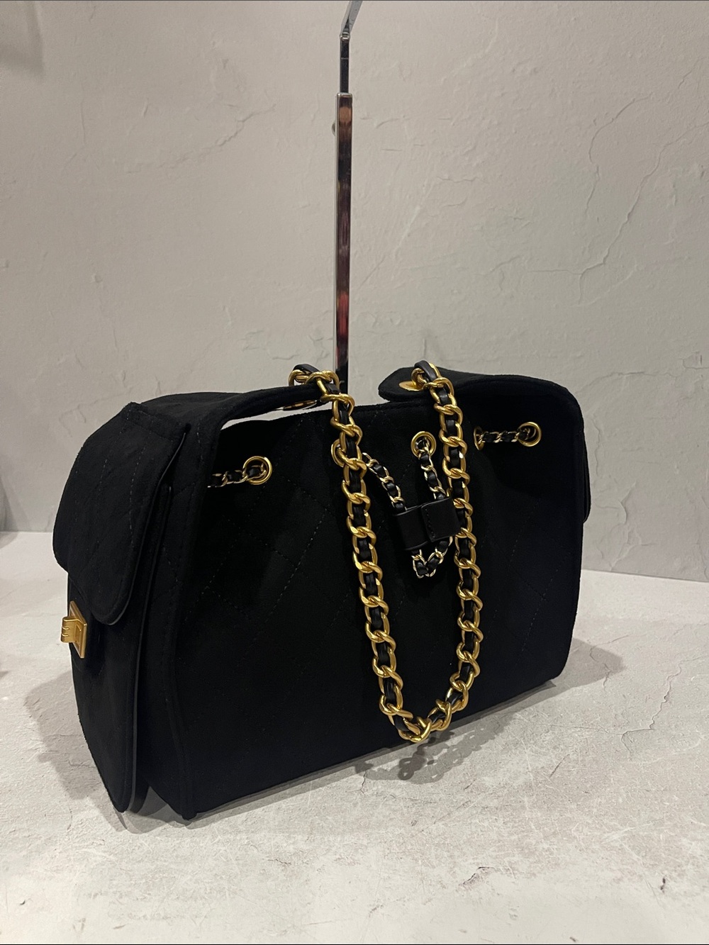 Black Quilted Shoulder Bag with Gold Chain